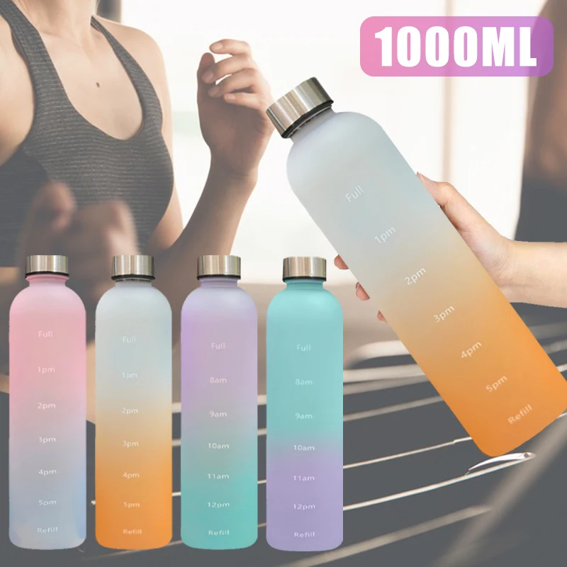 

1L Water Fles Met Tijd Marker 32 Oz Fitness Sport Outdoor Reizen Draagbare Lekvrij Drinkware Bpa Gratis Frosted Flessen Drank