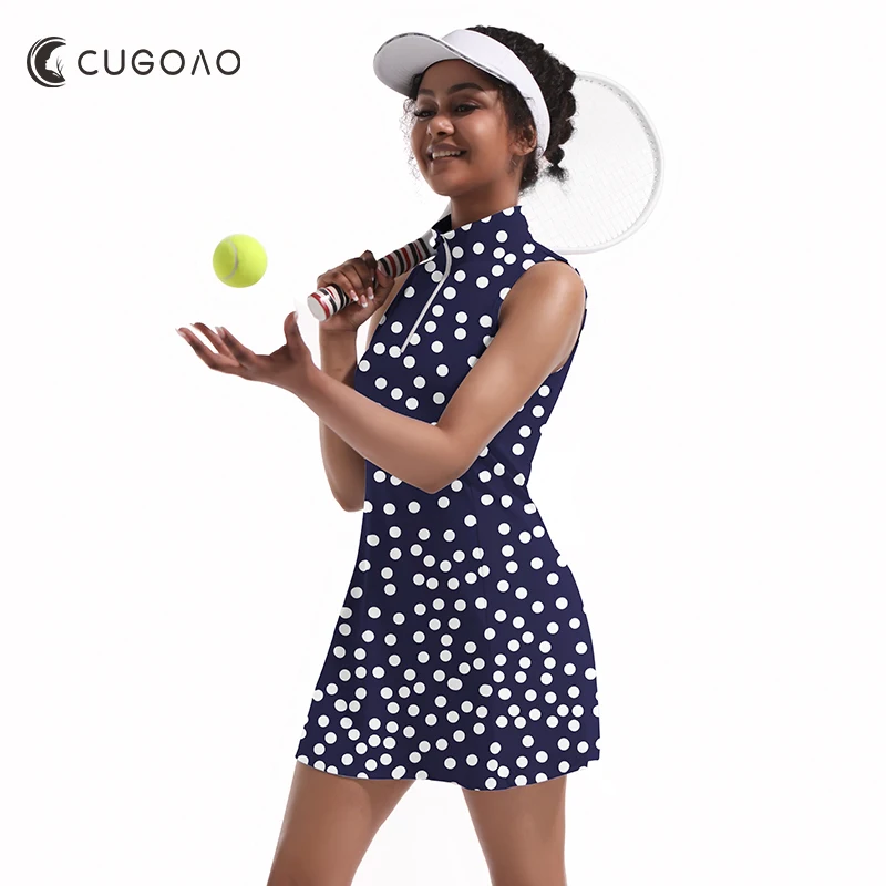 

CUGOAO Fashion Dot Printed Tennis Dress with Shorts 2PCS Sportswear Suit for Women Casual Golf Badminton Sleeveless Dresses Set