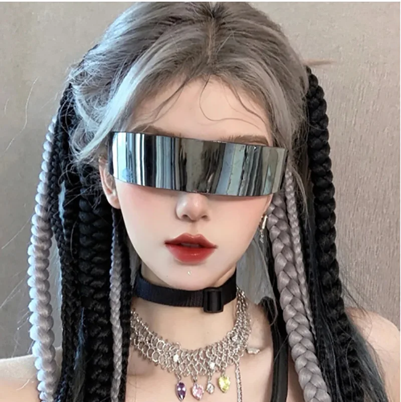 Фото Солнцезащитные очки Y2K Future Warrior без оправы, цельные линзы с запахом вокруг кибер-панка, футуристические мужские и женские солнцезащитные очки в стиле хип-хоп для вечеринок №3