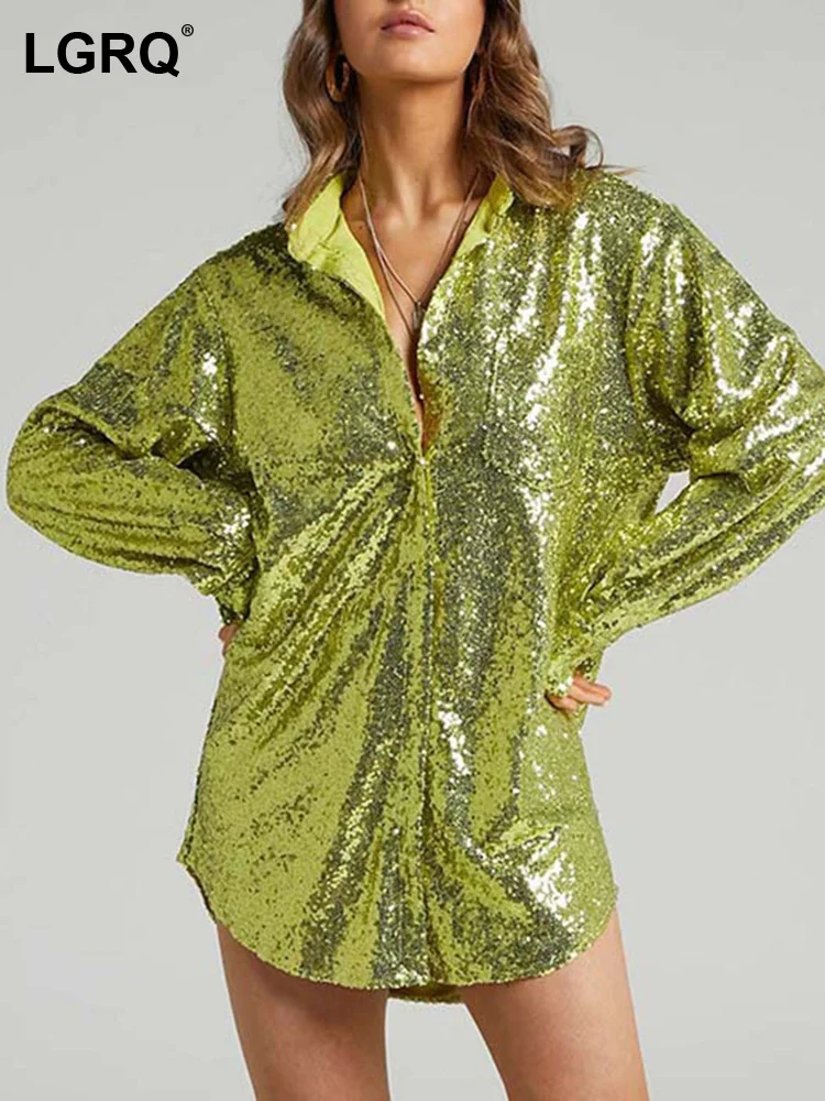 

[LGRQ] Women's Green Sequins Party Blouse New Lapel Long Sleeve Loose Sexy Club Glitter Shirt Fashion spring and summer 19D7409