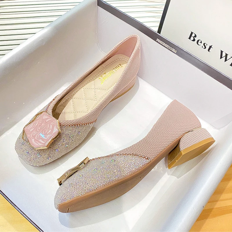 Plus Size 33-43 Women Pumps 3cm Heel Square Toe Lady Shoes Bling Crystal Designer Style Sweet Wedding Party Casual Loafers Femal