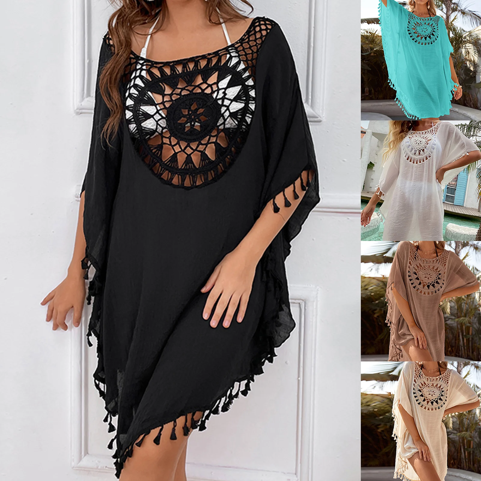 

2023 Crochet Tunic Bikini Cover-ups Sexy Hollow Out Mini Dress Women Summer Clothes Tassel Beach Wear Bohemian Outfit Oversized