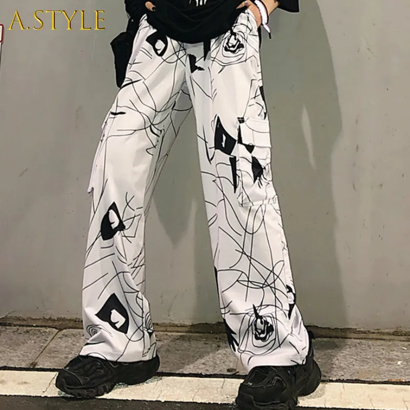 

A GIRLS 2022 Fashion Cargo Pants Women Abstract Print Trousers Loose Joggers Sweatpants Gothic Pocket Harajuku Pantlon