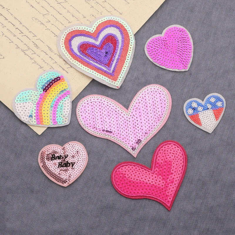 5pcs Sequined Love Heart Patches Appliqued Diy Kids T-Shirt Sewing Stickers Garment Jeans Backpack Shoes Decor Iron On Patch