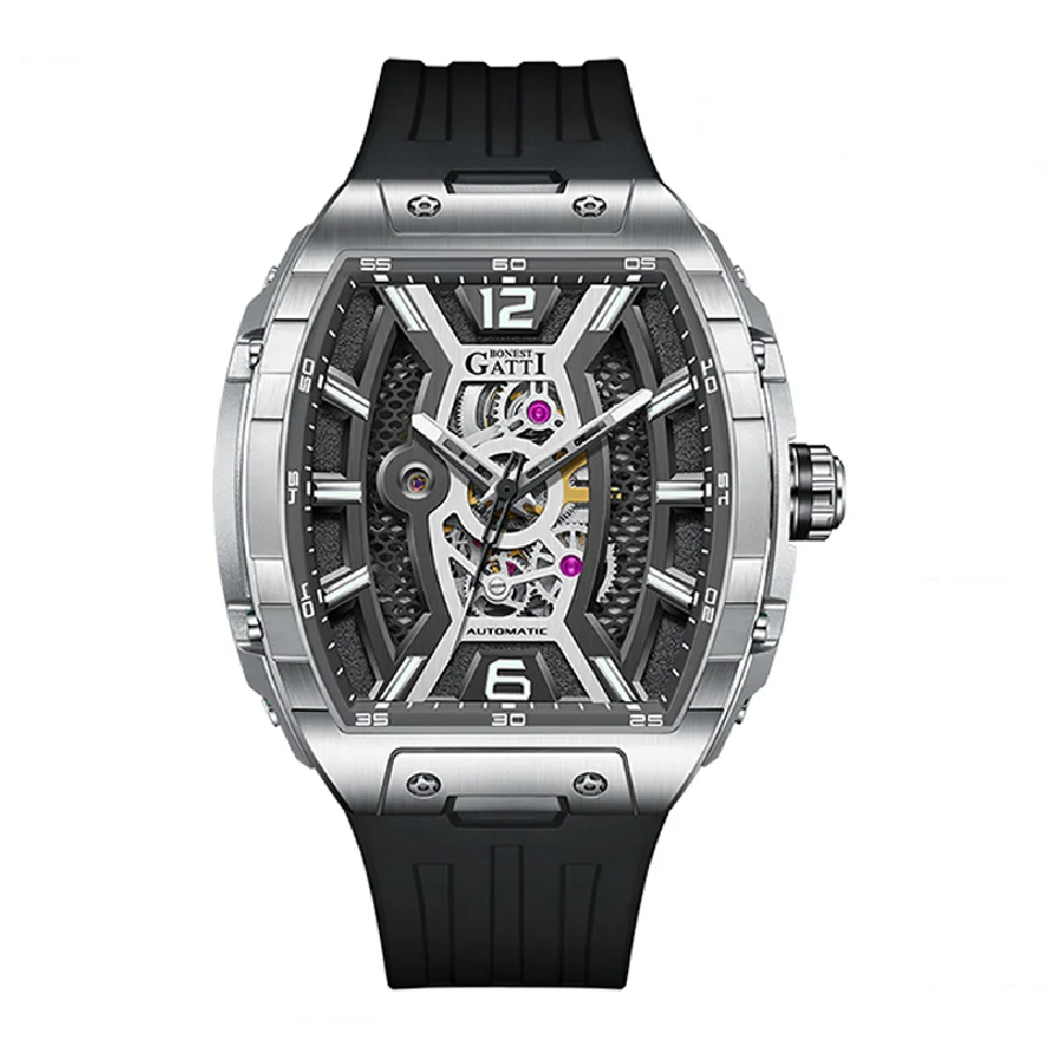 

BONEST GATTI Men Automatic Watch Luxury Mechanical Wristwatch Skeleton Waterproof Sapphire Tonneau Luminous Fluororubber Strap