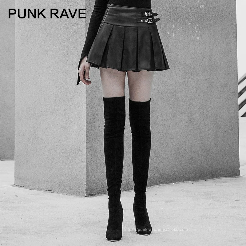 

Женская плиссированная юбка в стиле Панк RAVE, декоративная черная короткая юбка из искусственной кожи с металлической пряжкой и высокой тал...