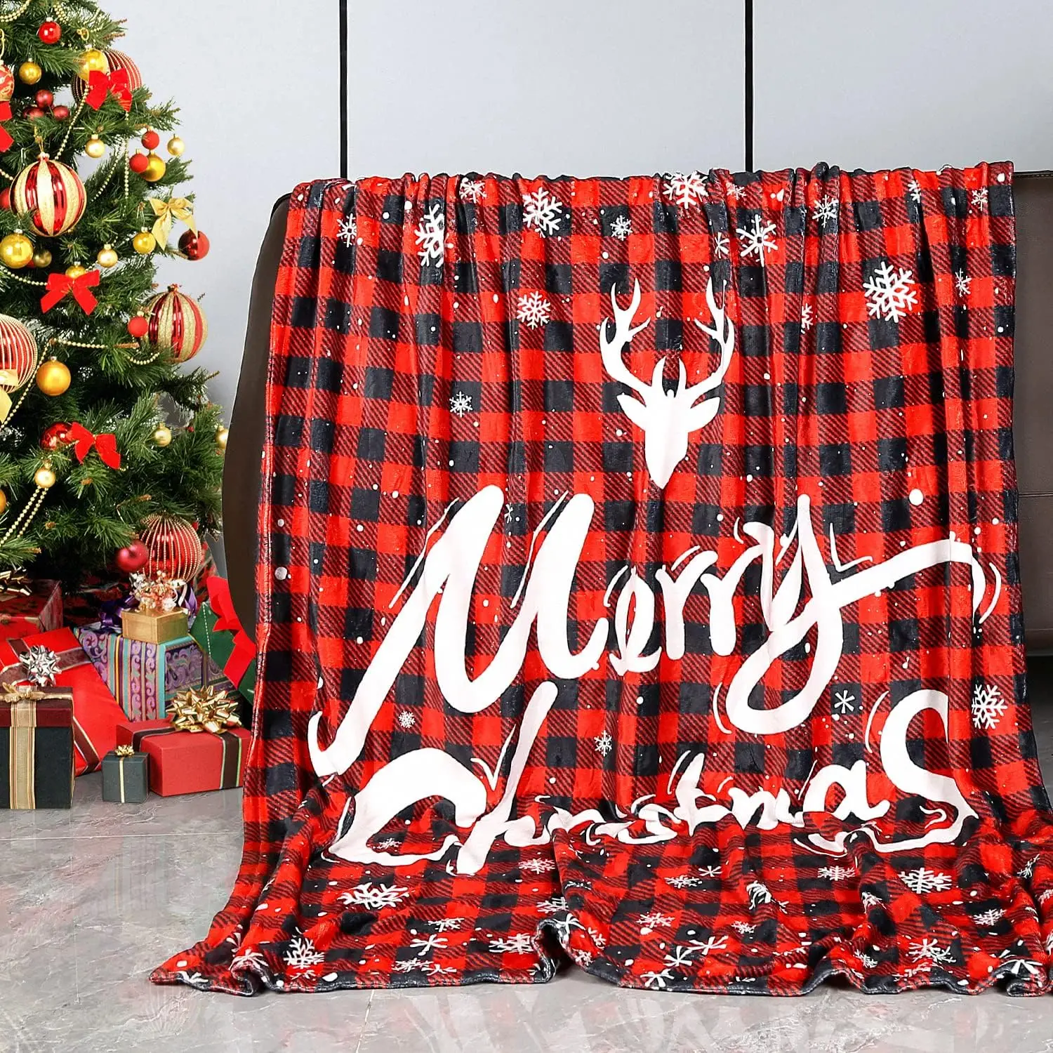 

Merry Christmas Buffalo Plaid Throw Blanket, Double-Sided Printed 150 x 200 CM Red & Black Christmas Warm Blanket