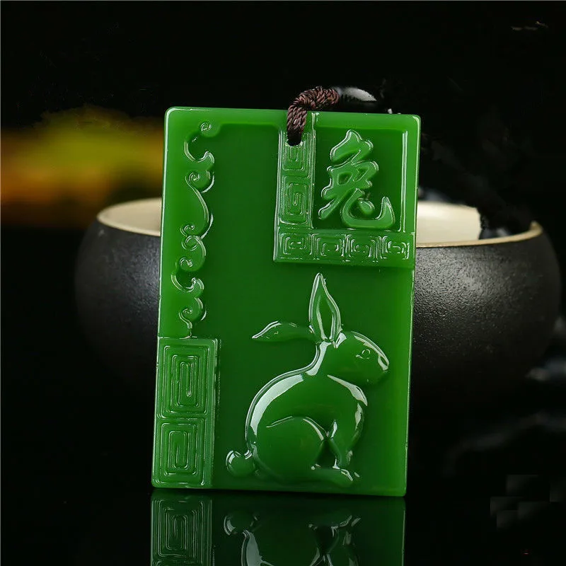 

Natural Green Hand-carved Zodiac Rabbit Jade Pendant Fashion Boutique Jewelry Men and Women's Zodiac Necklace Gift