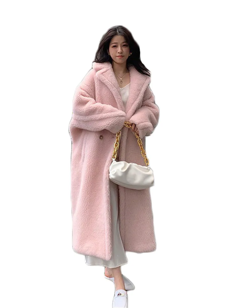 Women's Cashmere Coat Winter Lamb Wool Fur Thick Streetwear Fashion Solid Color Long-sleeved Lapel Long Jacket Female N1520
