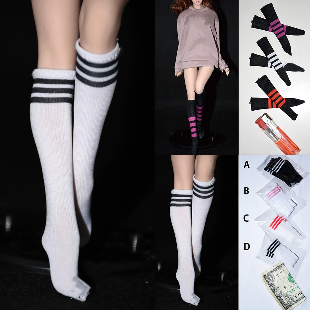 

1/6 Women Soldier Black White Striped Long Socks Japanese Lolita High Socks Thigh Stockings For 12Inch Action Figure Body Model