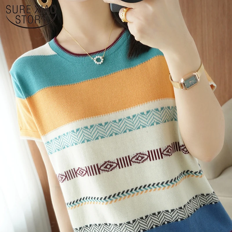 

2022 Short Sleeve Women Pullover Sexy Fashion Sweater Ladies Summer Ice Silk Blouse O-Neck Striped Knitted Shirt Feminine 19295