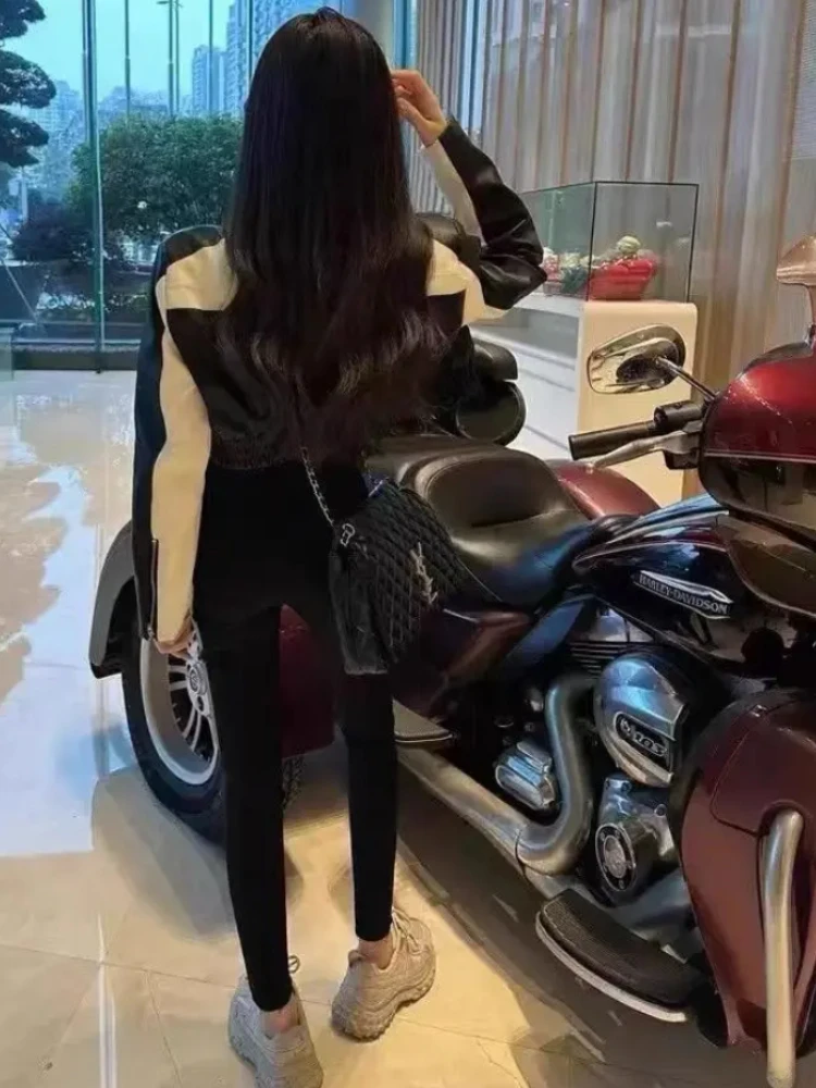 Women's Moto Biker Zipper Jacket Letter Print Black and White PU New Outerwear Jackets for Women 2023 Loose Short Leather Jacket