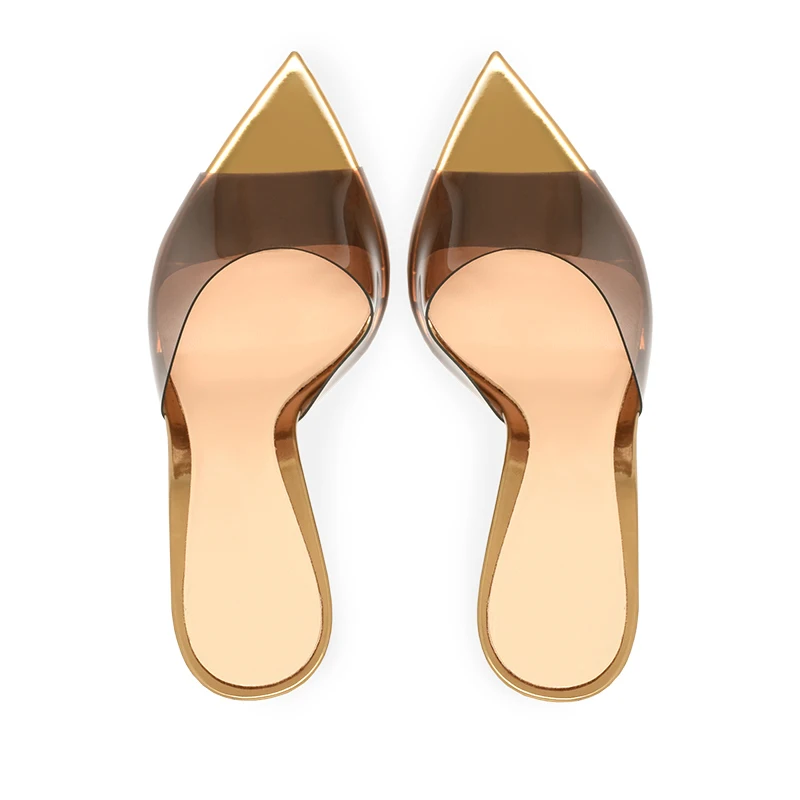 2023 New Women's Pointed Toe Summer Sandals Stilettos High Heels Mules Transparent PVC Party Heels Brown Slippers Plus Size Shoe