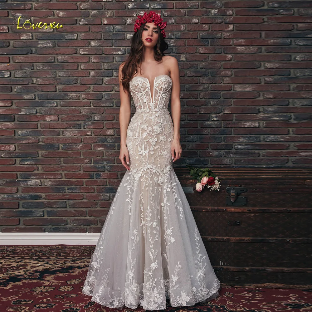 Фото Loverxu Русалка Монdern Свадебные платья без бретелек без рукавов Vestido De Novia Аппликации Романтическое сексуальное свадебное платье на заказ №1