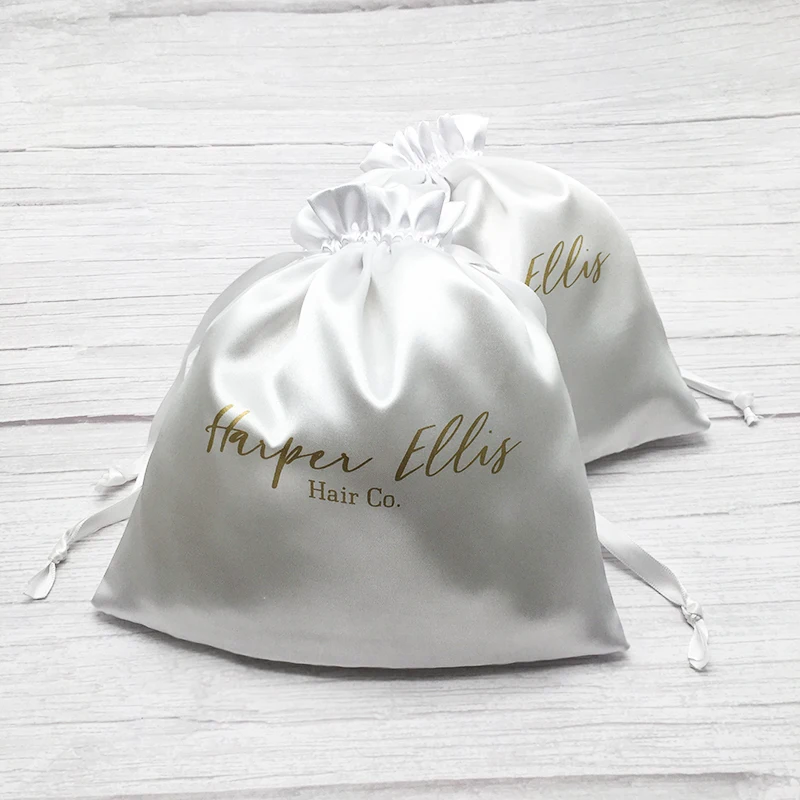 Custom Logo Satin Gift Packaging Bags High-quality Black Silk Drawstring Pouch Hair Wigs Jewelry Shoe Dustproof Sachet 20pcs