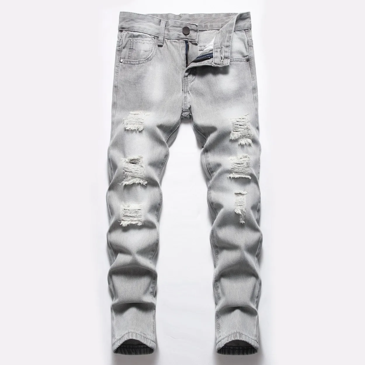 Boys' Gray Straight-leg Ripped Jeans Children Washed Distressed Stretch Denim Trousers Big Kids Casual Pants 5-16y