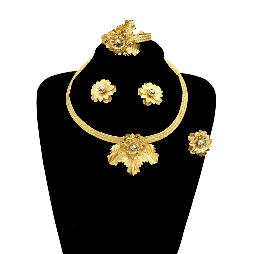 

24k Gold Plated Luxurious Copper Party Necklace Ring Bracelet Bridal Earring Flower Shape Dubai Jewelry Set For Women FHK13185