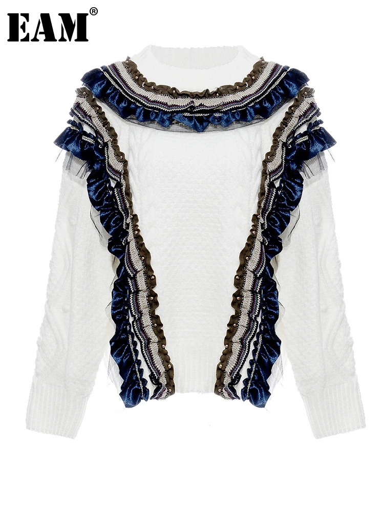 

[EAM] Tassels Ruffles Big Size Knitting Sweater Round Neck Long Sleeve Women Pullovers New Fashion Spring Autumn 2023 1DF5251