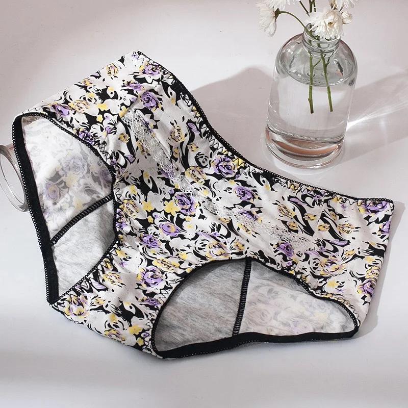 

Women's Breathable Panties Menstrual Knickers Mid-Waist Leak-Proof Flower Printed Period Pants Physiological Underwear