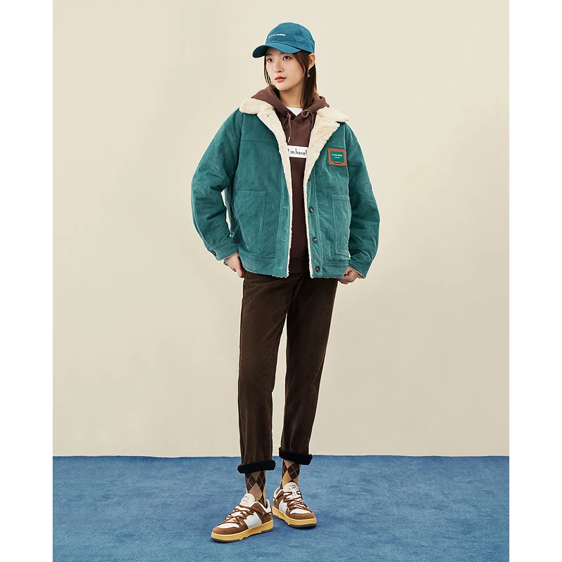 Toyouth Women Corduroy Fleece Coat 2022 Winter Long Sleeve Polo Neck Loose Jacket Vintage Green Streetwear Warm Casual Outwear