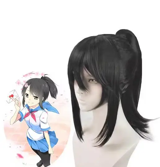 Фото Игры Yandere Simulator Ayano Aishi, прическа для косплея, черный синтетический съемный парик с хвостиком + шапочка для парика №1