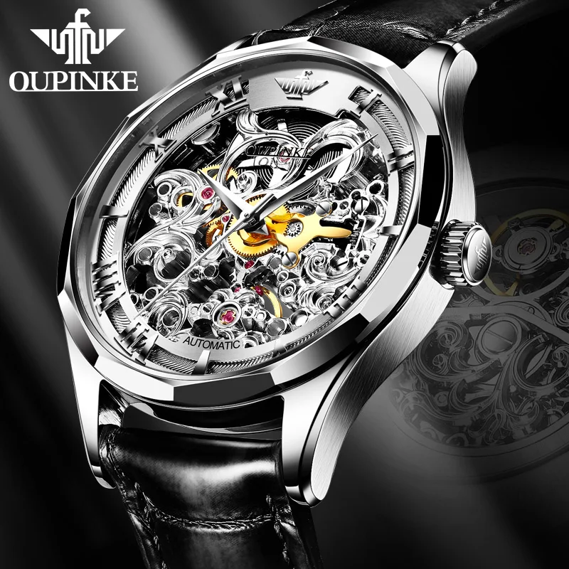 

OUPINKE Luxury Automatic Watch for Men Mechanical Sapphire Skeleton Leather Waterproof Sports Brand Wrist Watches reloj hombre