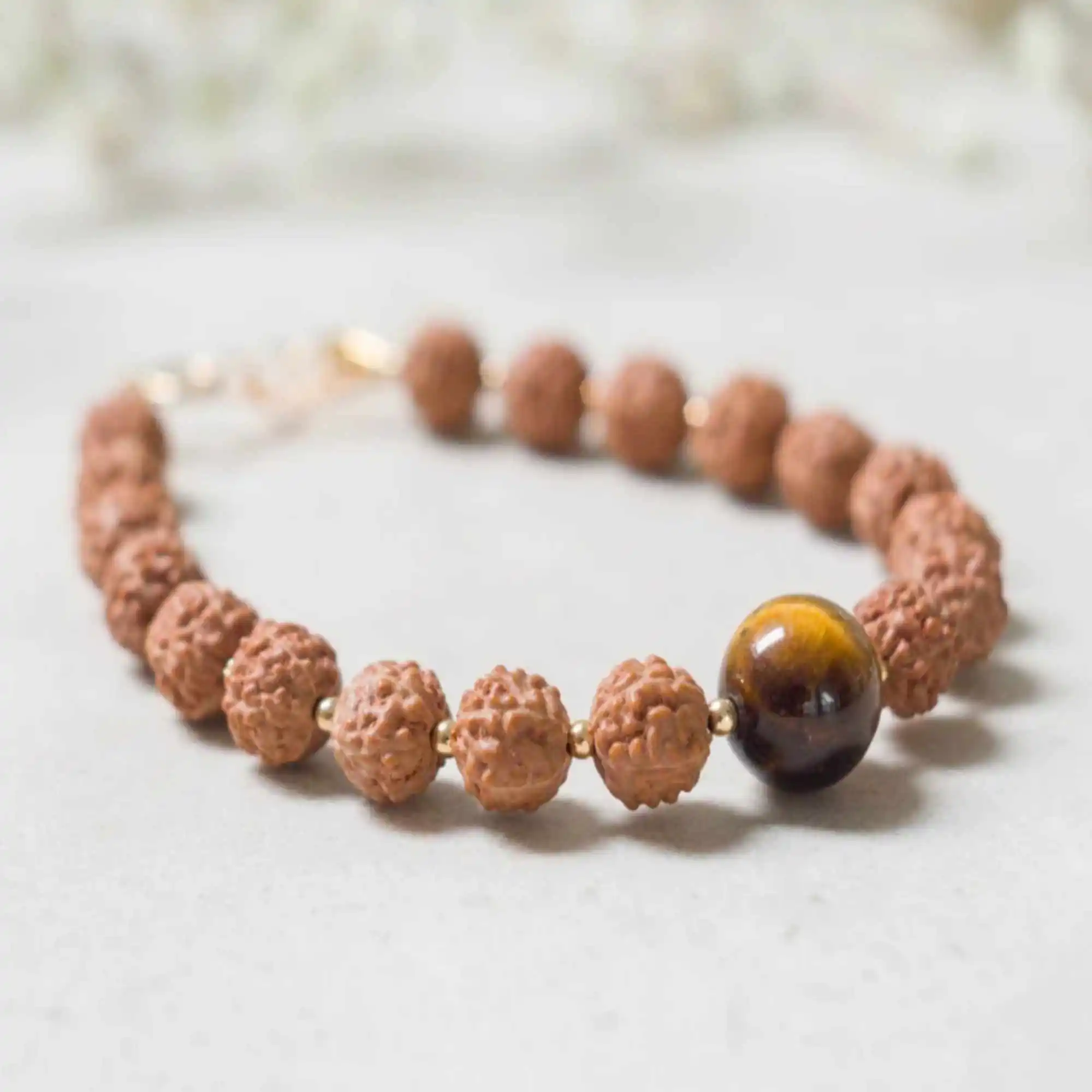 

Natural 6mm brown Rudraksha 10mm Tiger's eye 14K Gold fill bracelet Wristband Lucky Glowing Meditation Restore Pray Chain spread