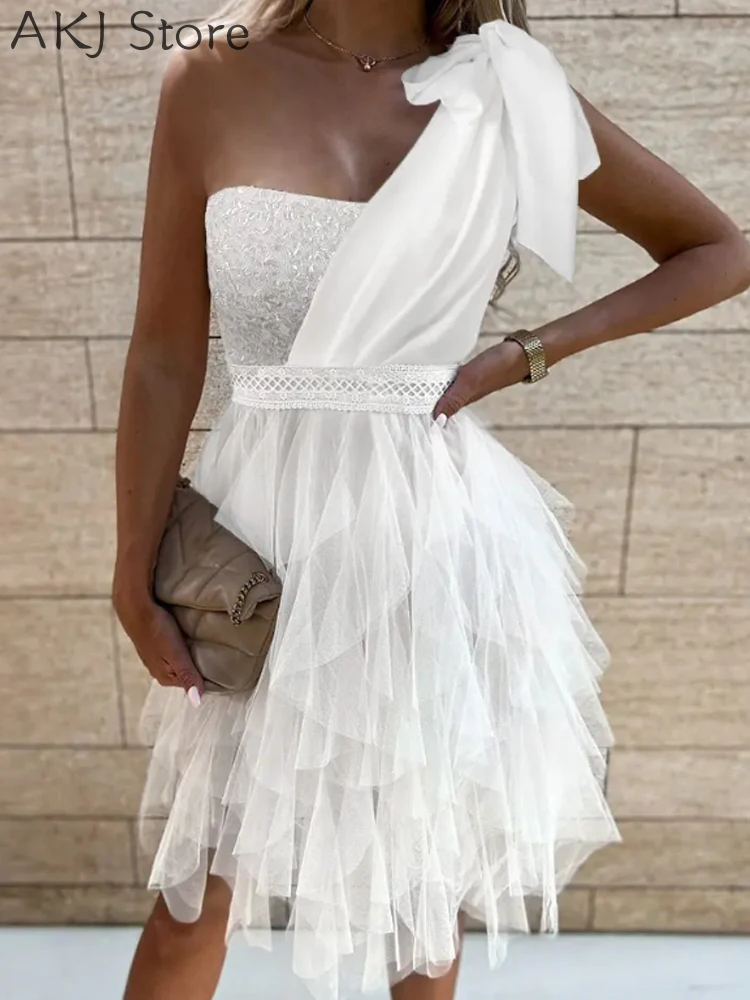 

Women One Shoulder Tied Detail Sheer Mesh Ruched Party Dress