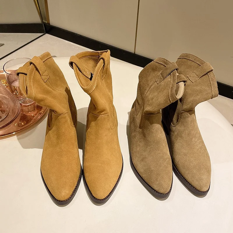 

BKQU 2022 Autumn Women New Nubuck Leather Flat Bottom Thick Heel Pointed Western Cowboy Skinny Boots Pile Pile Short Boots Tide