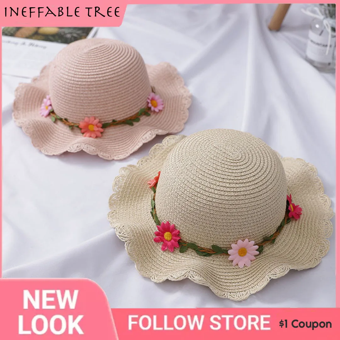

Соломенная шляпа с плоским верхом для детей, Панама с цветами, Пляжная Солнцезащитная шляпа от солнца для детей и родителей, шляпа для рыбал...