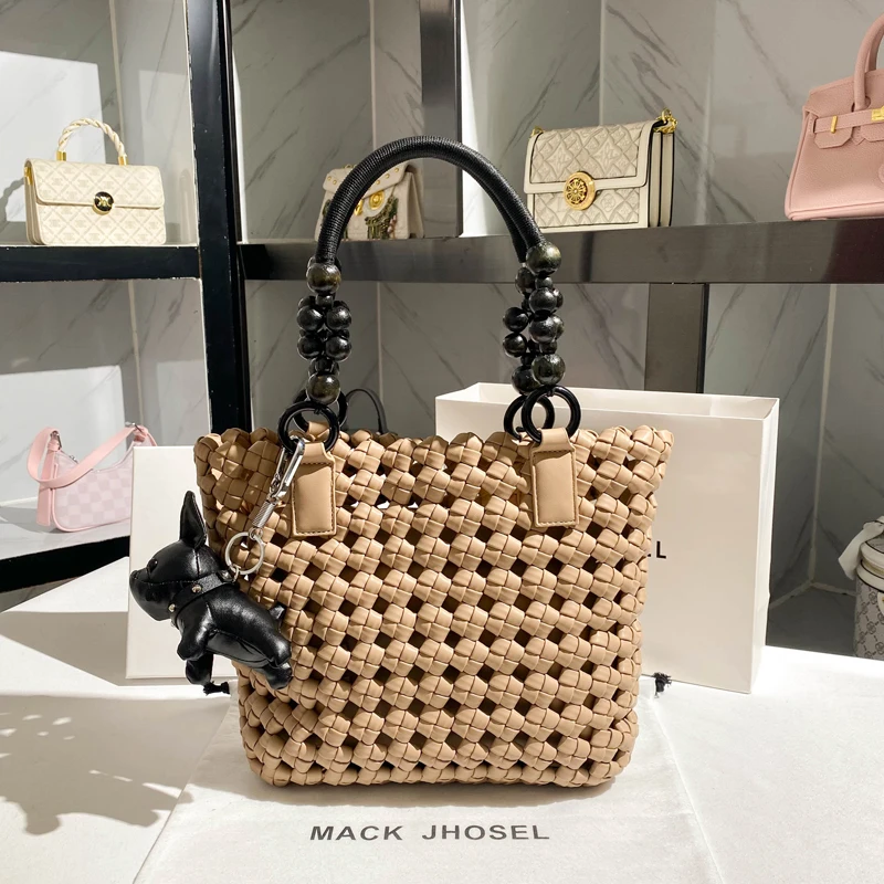 New Trendy Pure Handmad Woven Hollow Tote Bag Women's Fashion Handheld Handbag Big Capacity Bucket Bag Shoulder Underarm Bag