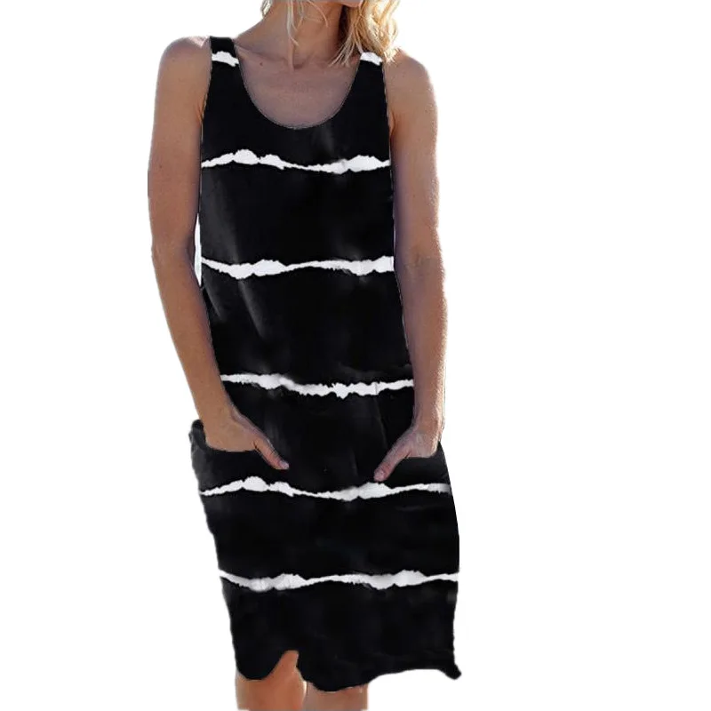 2023 summer fashion new European and American crewneck print stripe pocket vest casual elegant women's dress