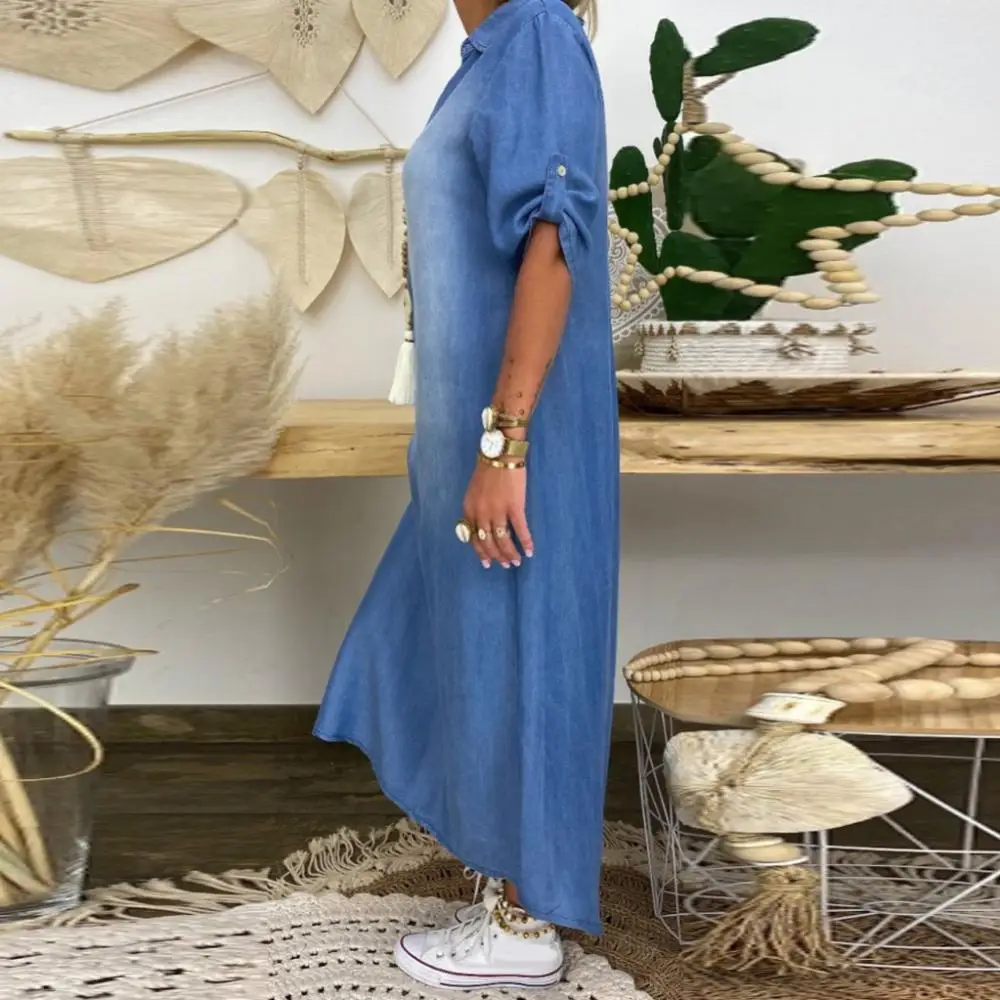 

Women Summer Dress Vintage Summer V Neck Half Sleeve Side Slitting Hem Loose Long Denim Dress Streetwear