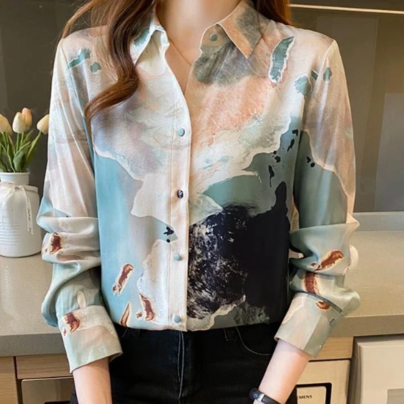 

Autumn Women's Shirts Fashion Long Sleeve Sweet Printed Clothing Female 2022 Silk Polo Neck Button Up Tops Women Basic Blouse OL