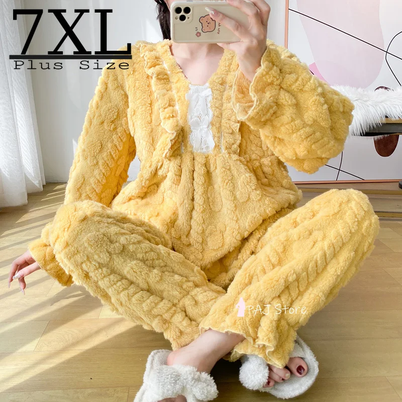 

Women's Pajamas Set Winter Warm Sleepwear Nightwear Flannel Pajama Thick Night Wear Long Sleeve Plus Size M-7XL Pijama Sets