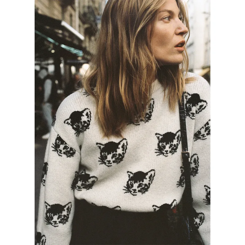 

Модный свитер, женские свитера, Зимний Новый Свободный пуловер, свитер с принтом кота, повседневный пуловер, шерстяной вязаный жакет, укороч...
