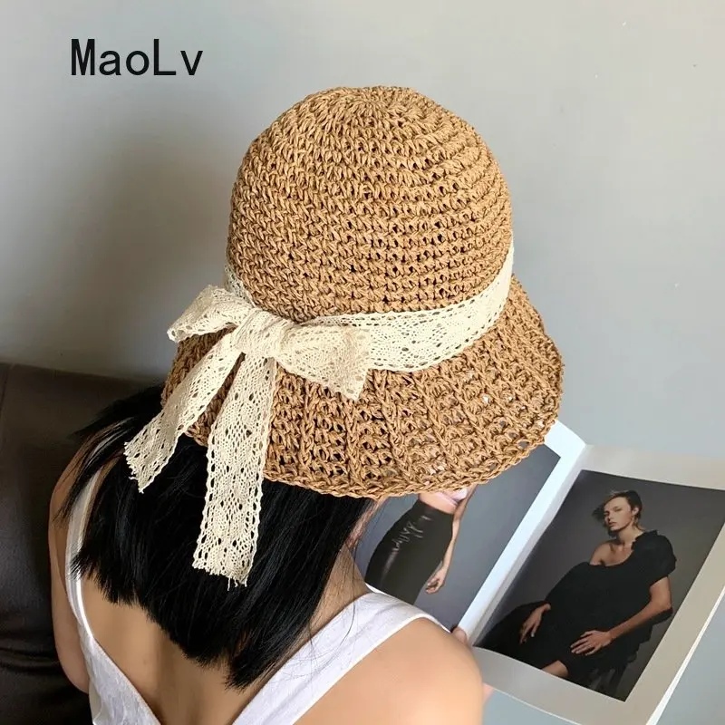 Summer Lace Bow Straw Hats for Women Japanese Sunscreen Panama Hat Korean Fashion Lady Bucket Hat Beach Sun Protection Cap