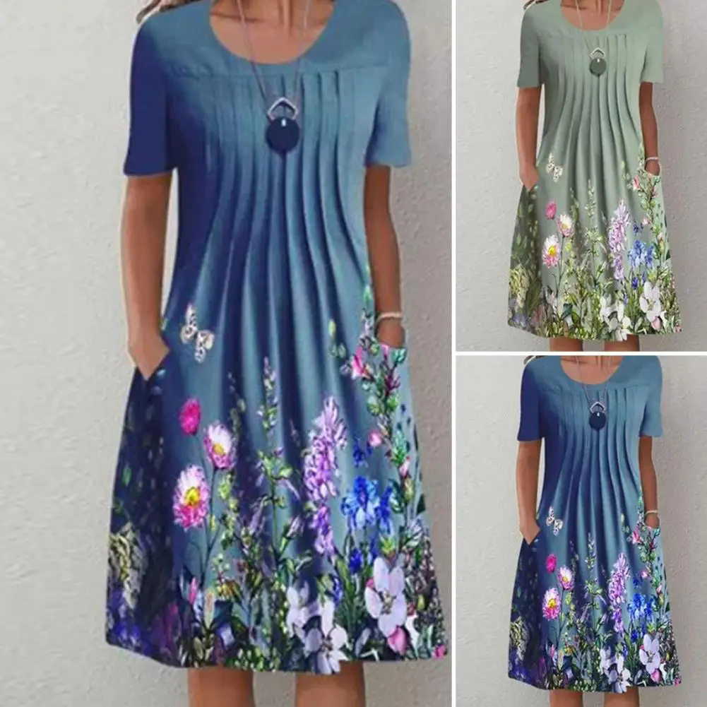 

Lady Dress Shrink-resistant Polyester Loose Waist Floral Print Women Dress Beach Dress for Dating