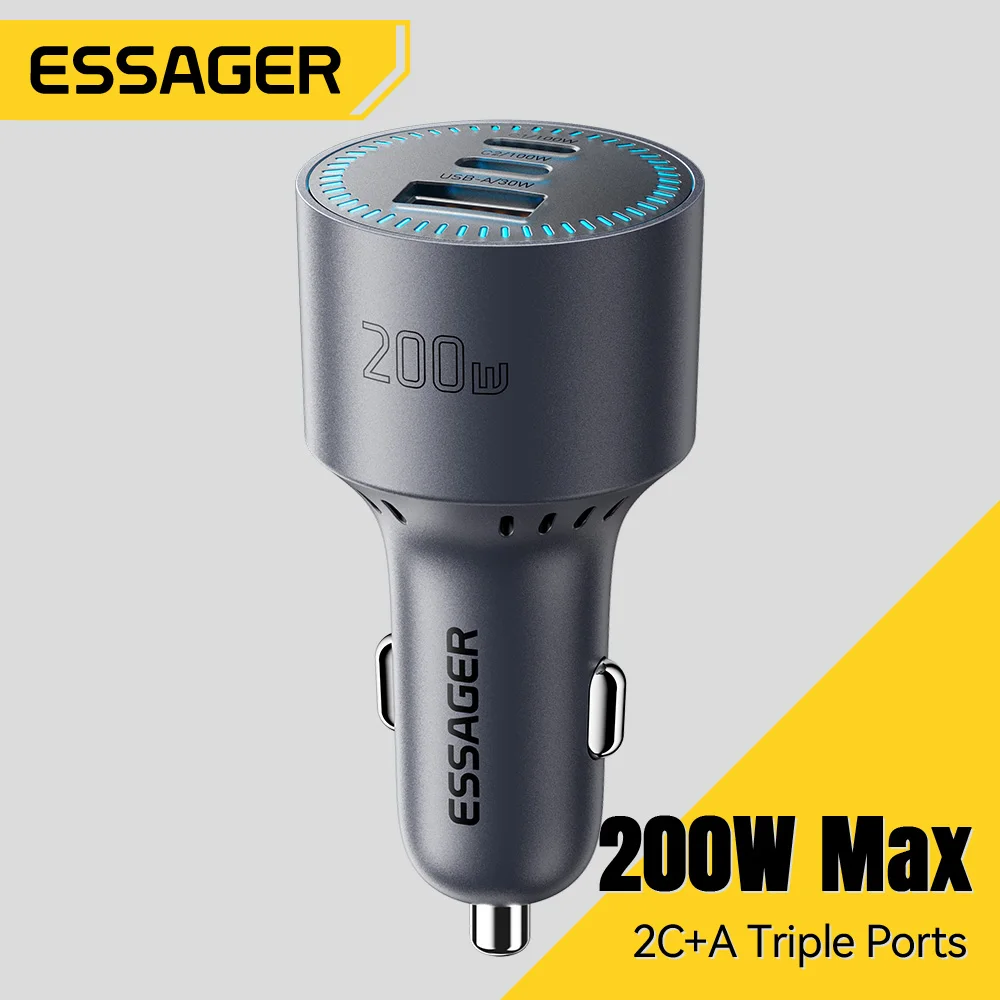 Фото Автомобильное зарядное устройство Essager 200W с USB Type-C, QC 4.0, 3.0, PD 100W, быстрая зарядка USB-C для iPhone 17, 16, Macbook Pro, Huawei №1