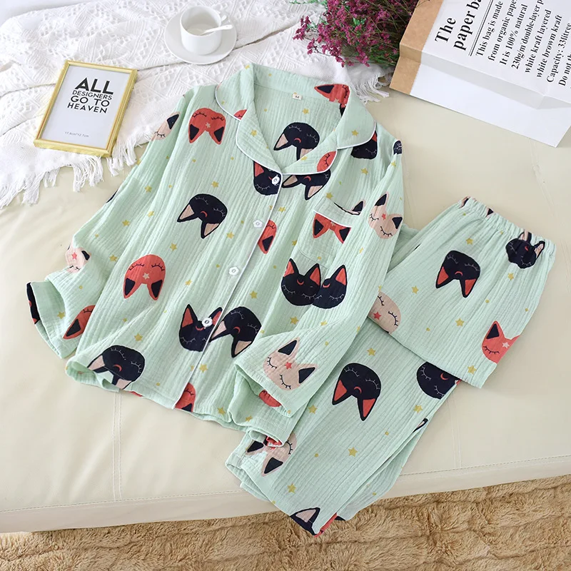 

Новинка, женские пижамные комплекты, весна-осень 2020, домашняя одежда, кардиган из 100% хлопка, рубашка на пуговицах, длинные штаны, мультяшная ...