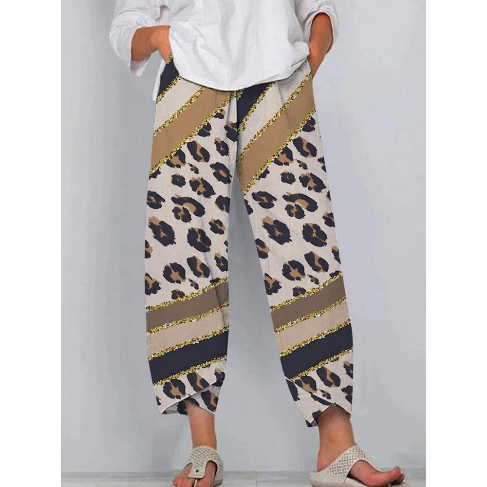 

CLOOCL Women Pants Leopard Stripe Panelled Trousers Double Pocket Stylish Casual Cropped Pants Autumn Oversized Trousers