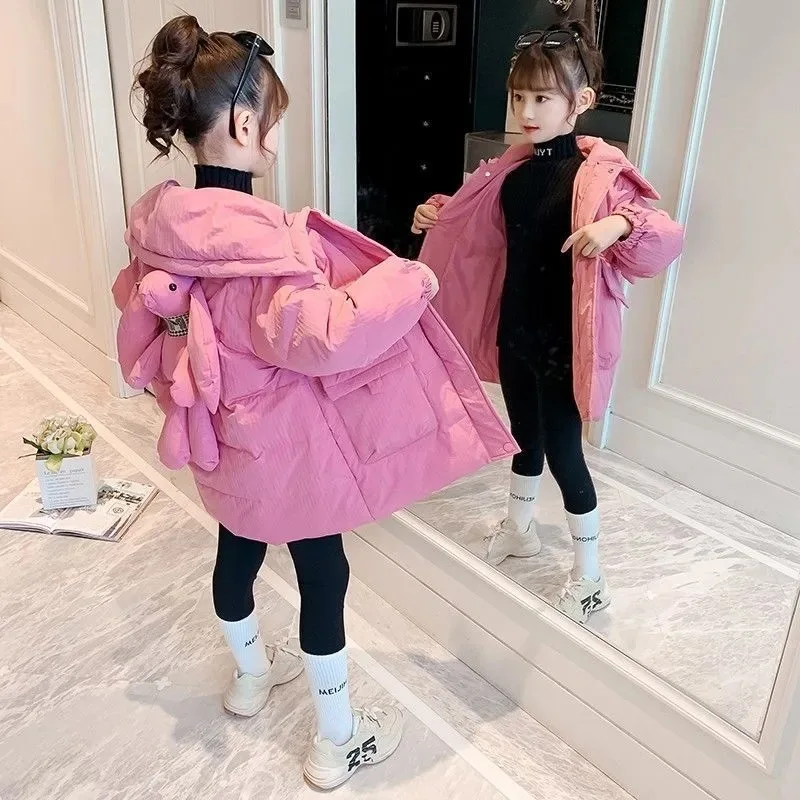 

Girls Winter Down Jacket Fashion Large Lapel Cotton Coat with Puppet Design Kid Clothes for Teens Thickened Warm Outerwear 4-12Y