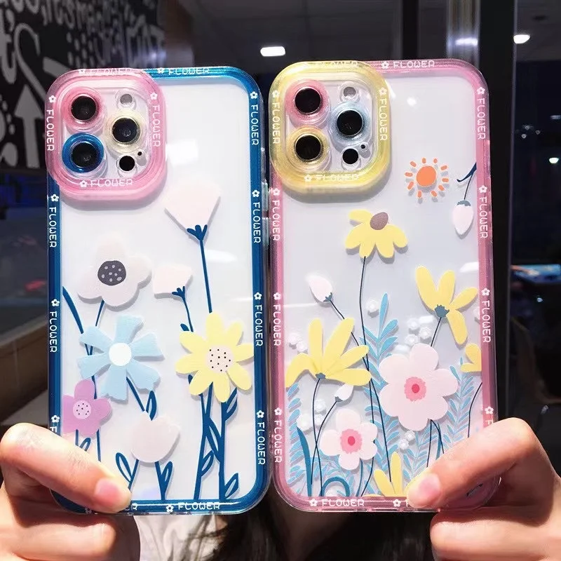 

For iphone 11 12 13 Pro Max XR X Xs Max SE 7 8 Plus Phone Case Angel Eyes Lens Protection Fresh Flowers Silicone Anti-Fall Cover