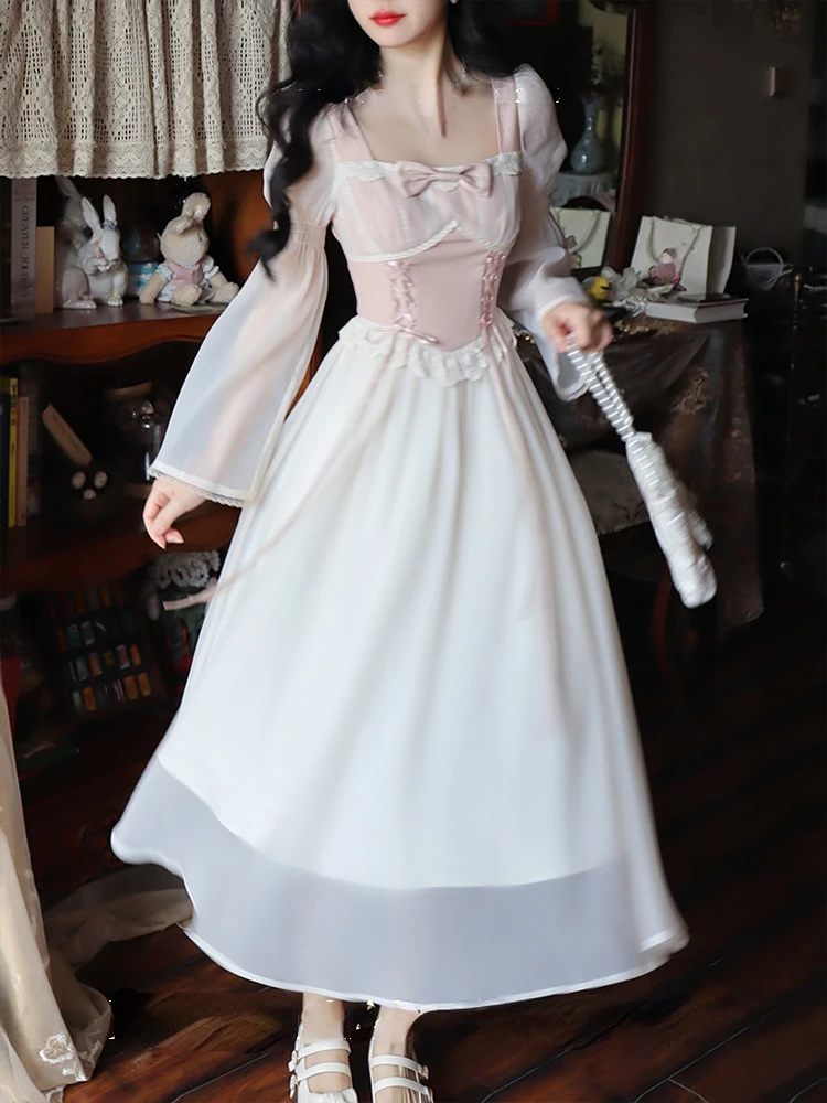 

Summer Pink Sweet Fairy Dress Women Chiffon Elegant Lace Vintage Midi Dress Korean Style Evening Party Dress Female Long Sleeve