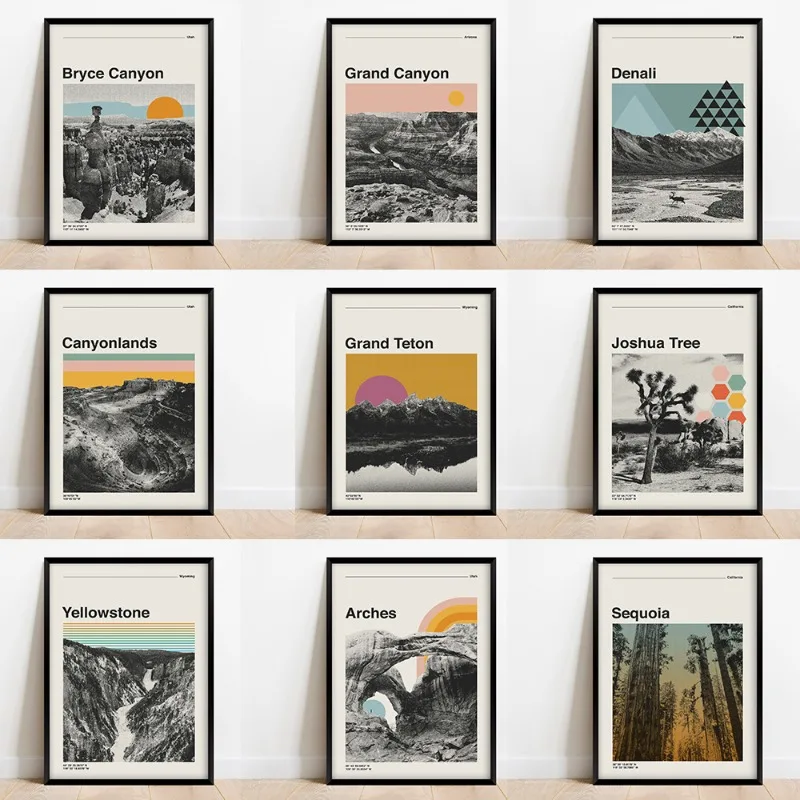 Винтажные настенные картины в национальном парке с фотографиями леса и гор