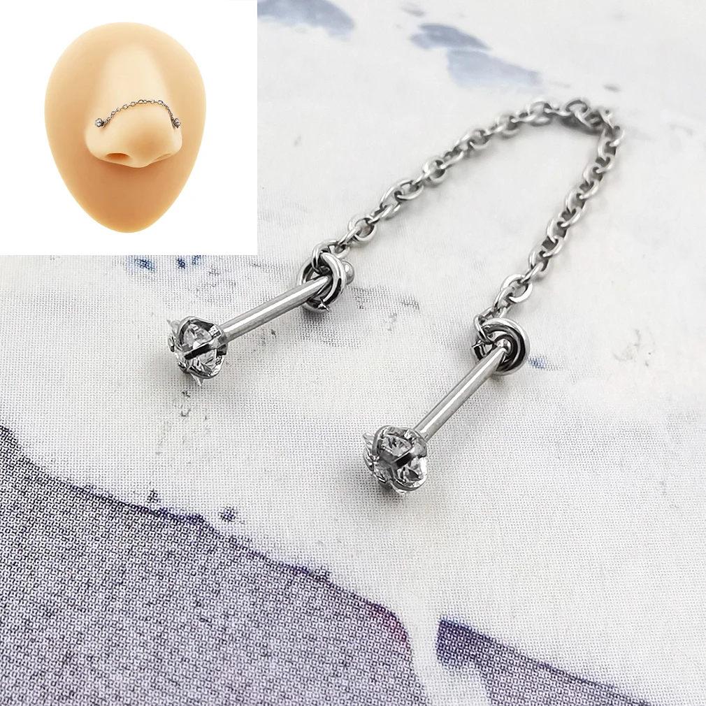 

JHJT 20G New Double Nose Piercing Chain Nostril Piercing Stainless Steel Nose Stud Earring Piercing Jewelry for Women