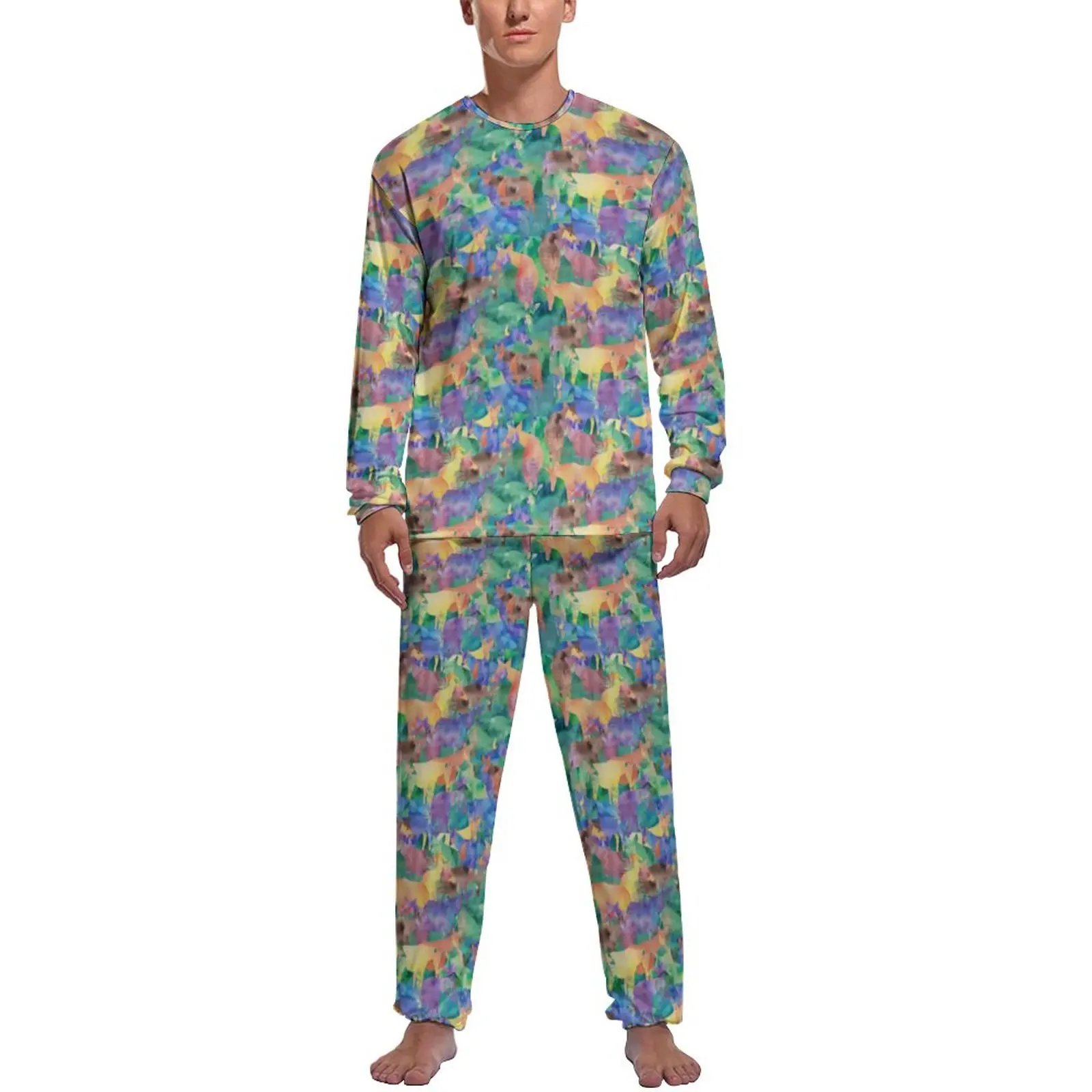 Colorful Forest Print Pajamas Daily Abstract Animal Casual Sleepwear Men 2 Piece Graphic Long-Sleeve Romantic Pajamas Set