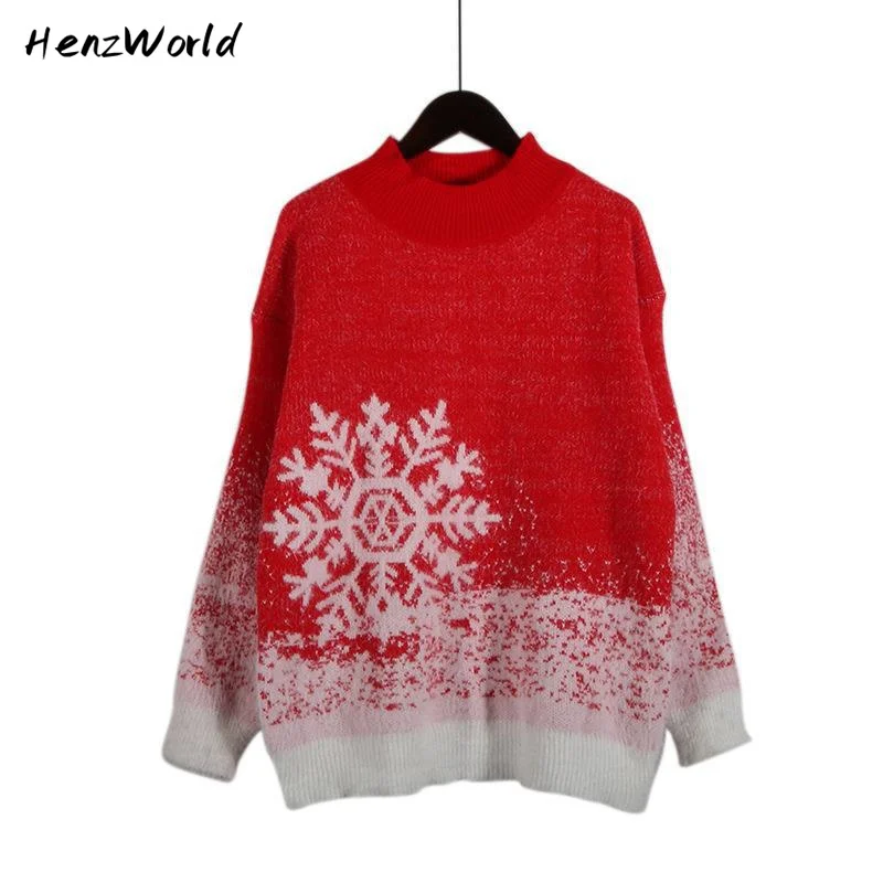

HenzWorld 2023 Christmas Sweatershirt Women's Sweater Winter Dress Half High Collar Korean Clothes Snowflake Print Knit Pullover