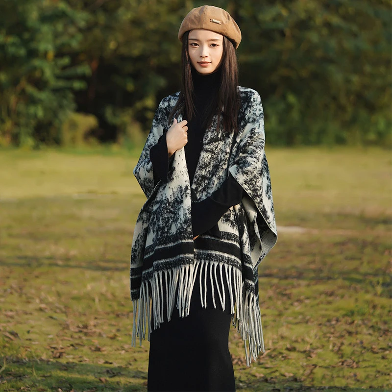 Модная элегантная черная жаккардовая шаль с имитацией кашемира осенне-зимняя