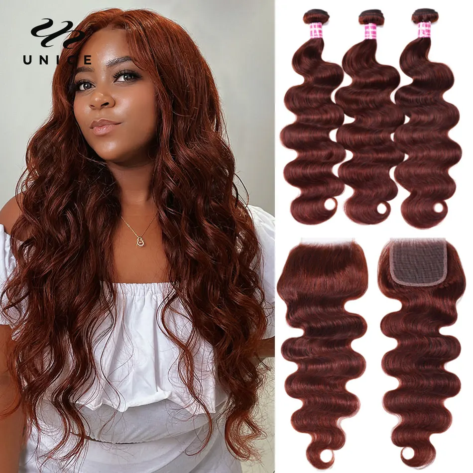 Unice Hair Dark Auburn 33B Body Wave Human Hair Bundles With Closure Brazilian Remy Human Hair 3 Bundles with Closure Deal
